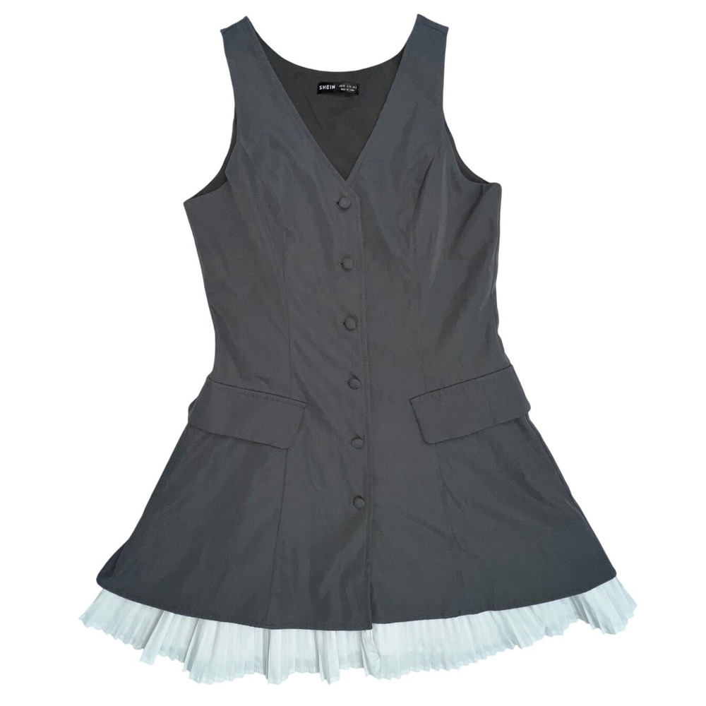 Mini Dress Sleeveless Pleated Hem Button Front Gray‎ Dress Size XS